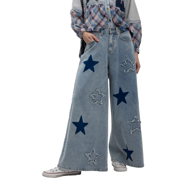 Blue Velvet Pants - STAR PATCH MINERAL WASEHD WIDE LEG STRETCHY DENIM PANTS